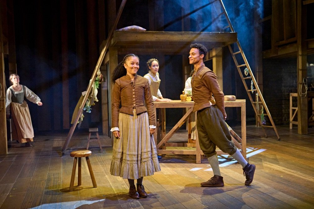 Mhairi Gayer (Tilly), Alex Jarrett (Judith), Madeleine Mantock (Agnes) and Ajani Cabey (Hamnet). Photo by Manuel Harlan © RSC Mhairi Gayer (Tilly), Alex Jarrett (Judith), Madeleine Mantock (Agnes) and Ajani Cabey (Hamnet). Photo by Manuel Harlan © RSC