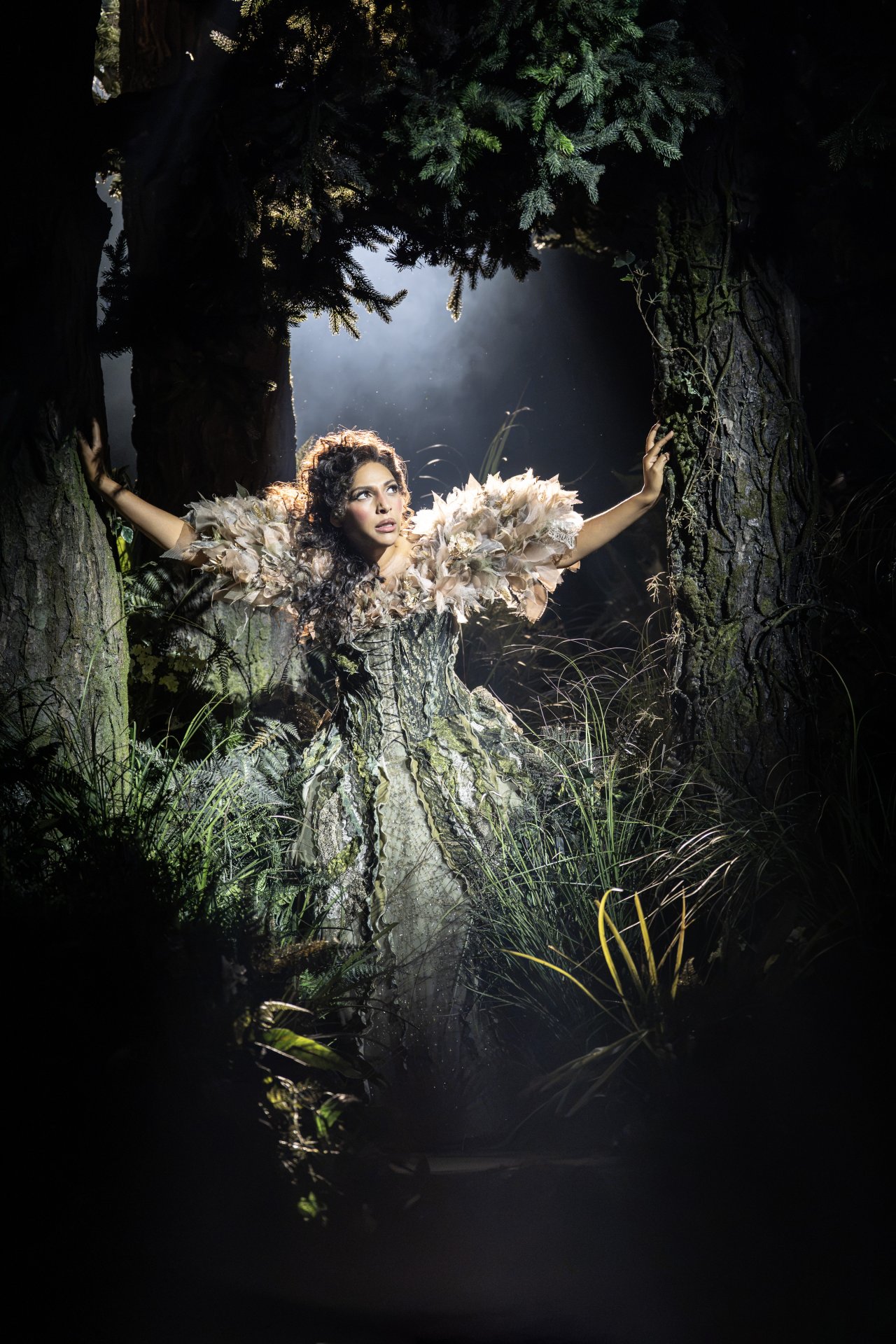 The Witch reaches out between two trees in a feathered, moss-toned gown, illuminated by a shaft of light in the forest, in Into the Woods The Witch reaches out between two trees in a feathered, moss-toned gown, illuminated by a shaft of light in the forest, in Into the Woods