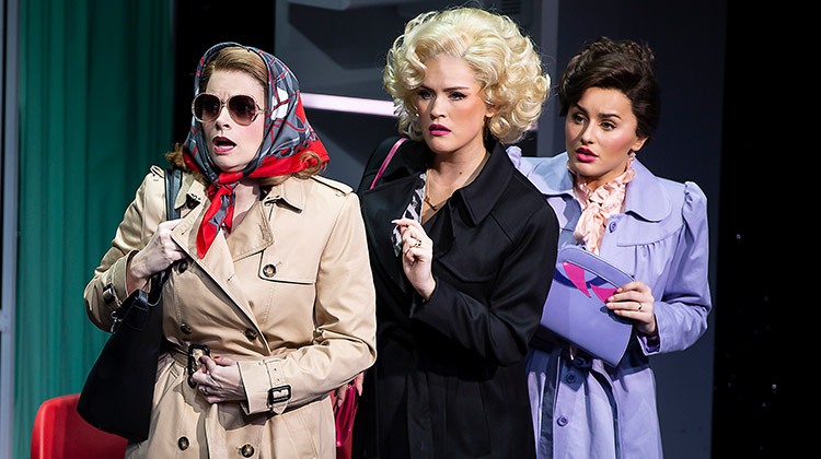 Caroline Sheen 'Violet Newstead', Natalie McQueen 'Doralee Rhodes', Amber Davies 'Judy Bernly'. 9 to 5 The Musical. Photo Pamela Raith Caroline Sheen 'Violet Newstead', Natalie McQueen 'Doralee Rhodes', Amber Davies 'Judy Bernly'. 9 to 5 The Musical. Photo Pamela Raith