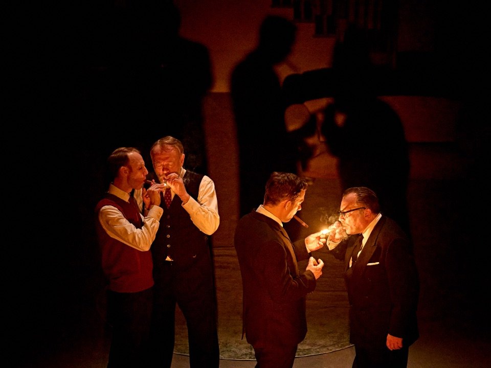 (l-r) Robert Emms, Jared Harris, Joe Cole, Nicolas Tennant in The Homecoming at Young Vic. © Manuel Harlan
 (l-r) Robert Emms, Jared Harris, Joe Cole, Nicolas Tennant in The Homecoming at Young Vic. © Manuel Harlan
