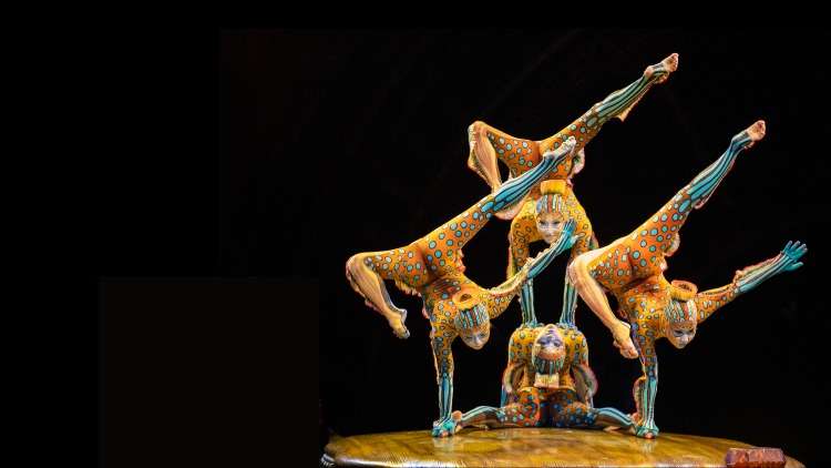 Photo: Cirque du Soleil KURIOS. 4 female acrobats dressed in orange. black background