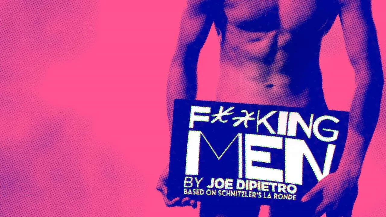 Topless man with sign on pink background
