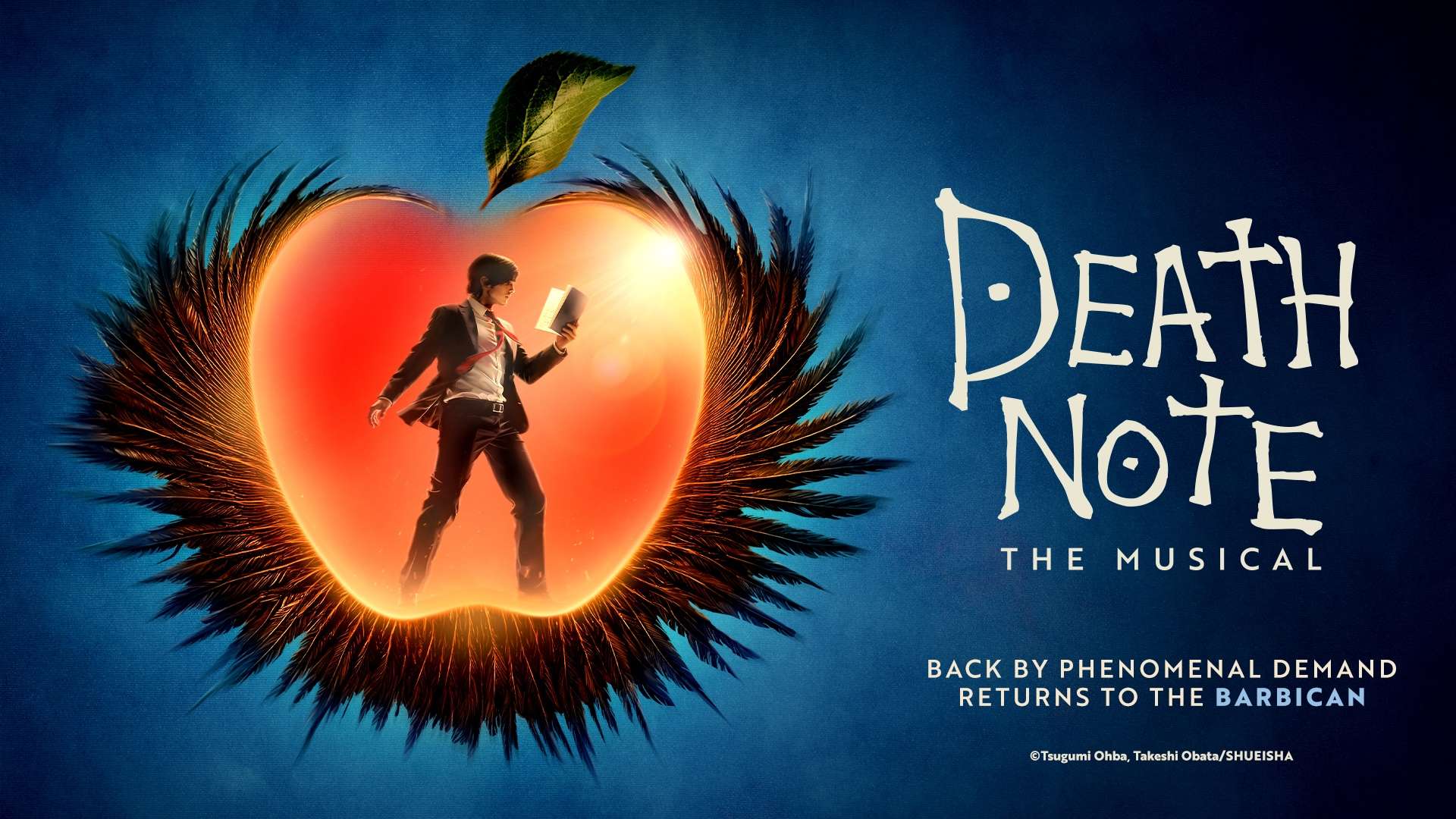 Poster for Death Note: The Musical with a person in a suit inside a glowing heart encircled by dark feathers against a blue background