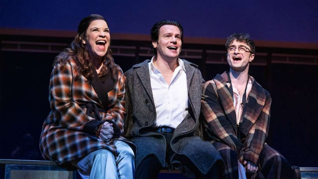 Merrily We Roll Along on Broadway. Lindsay Mendez, Jonathan Groff, and Daniel Radcliffe. Photo by Matthew Murphy