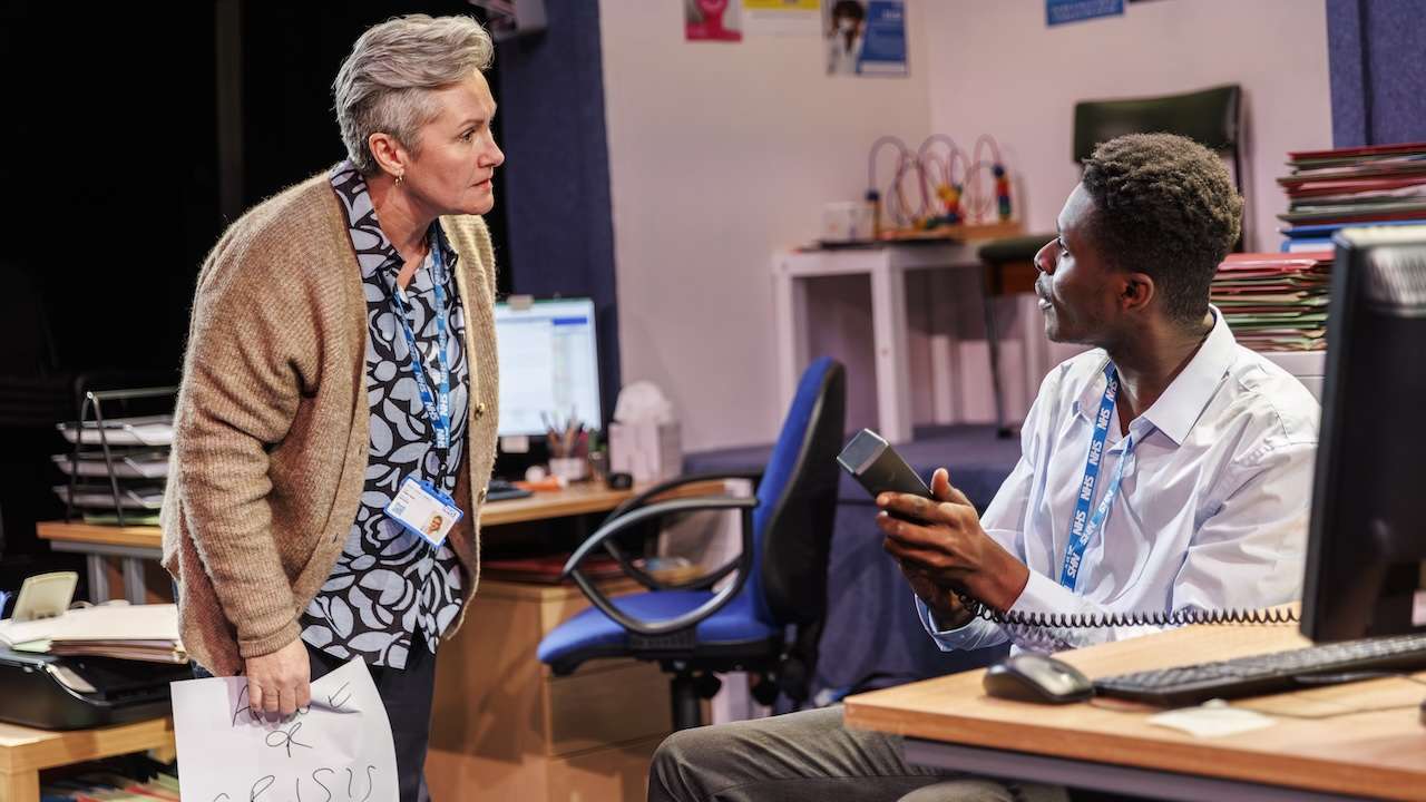 Debra Baker (Angela) and Denzel Baidoo (Jay) in 'This Might Not Be It' at Bush Theatre. Photo © Ellie Kurttz