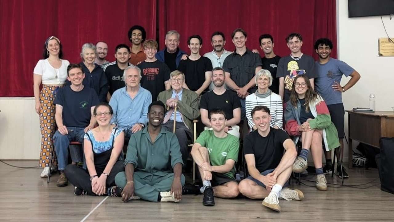 The History Boys - Rehearsals. Alan Bennett and cast. Photo - Theatre Royal Bath