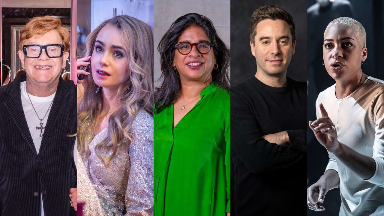 Evening Standard 100 People list 2024 - West End. Elton John (The Devil Wears Prada press launch), Lily Collins (in Barcelona, Photo Marc Brenner), Indhu Rubasingham (Photo Antonio Olmos), James Graham (Photo Johan Persson), Cush Jumbo (Photo Marc Brenner)