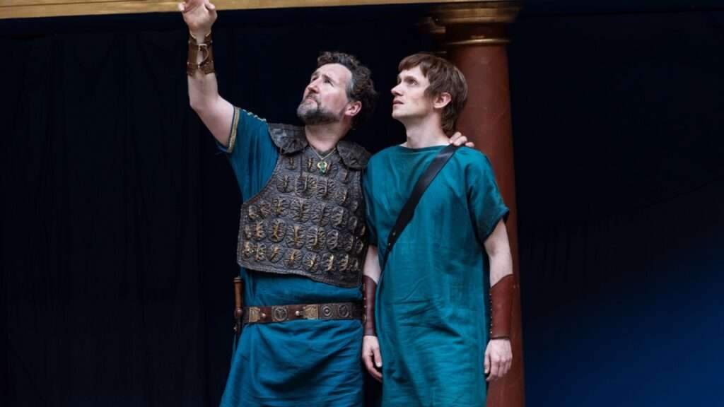 John Hollingworth as Mark Antony and Mark Donald as Eros in Antony & Cleopatra, Globe Theatre. Photo Ellie Kurttz
