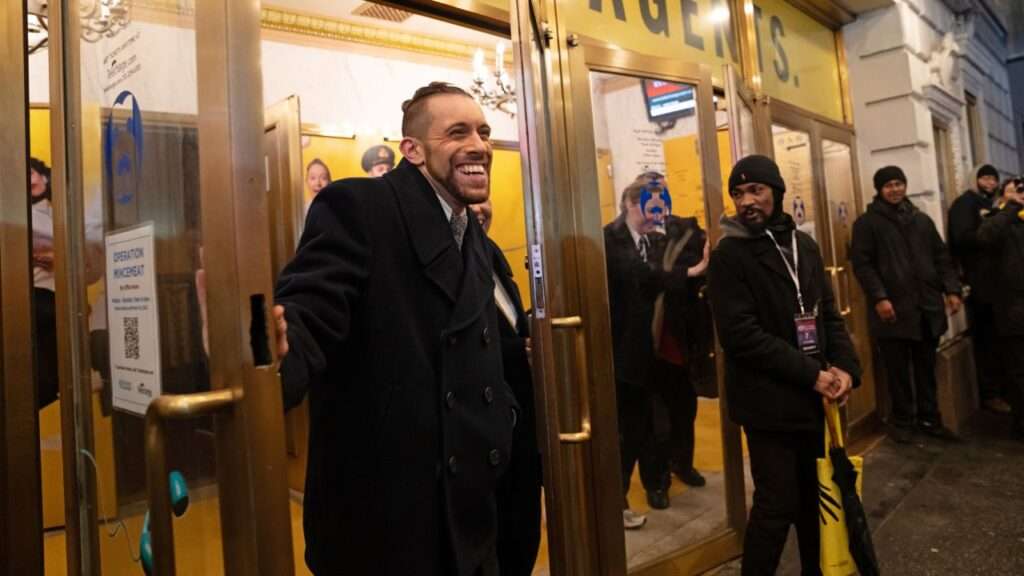 Operation Mincemeat on Broadway - First preview. Outside the Golden Theatre. Photo by Julietta Cerventes