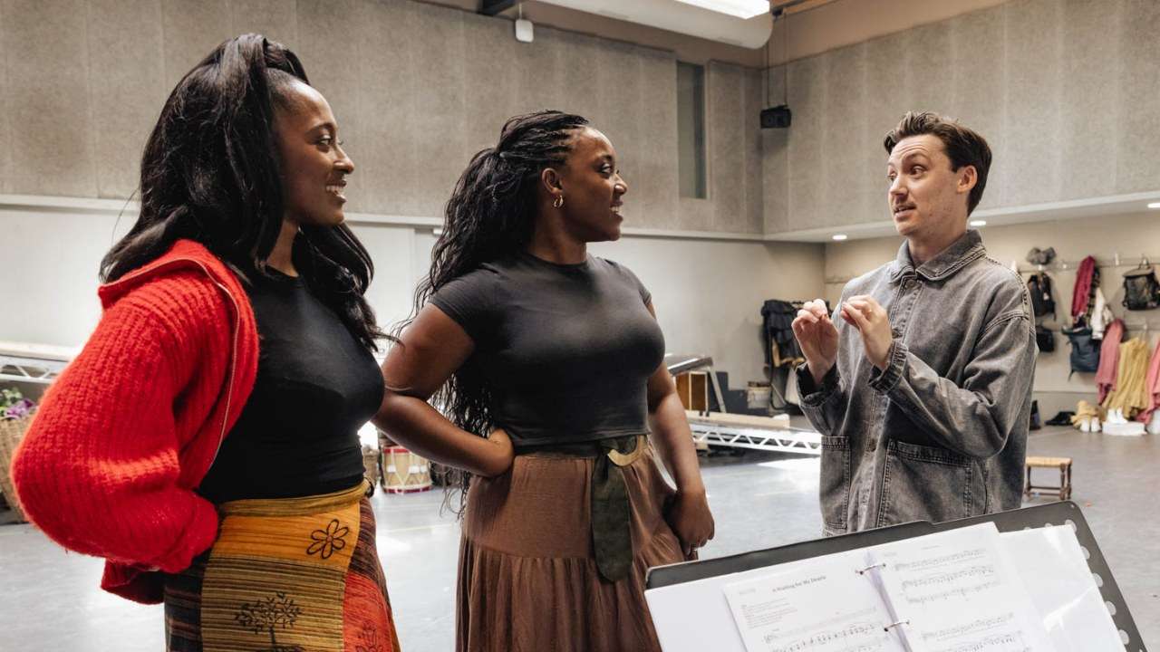 Brigadoon. Danielle Fiamanya, Georgina Onuorah & Drew McOnie in rehearsals. Photo by Mark Senior