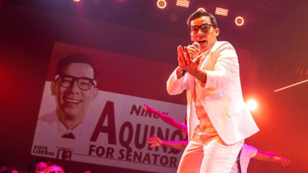 Conrad Ricamora in Here Lies Love (2023). Photo credit: Billy Bustamante, Matthew Murphy and Evan Zimmerman