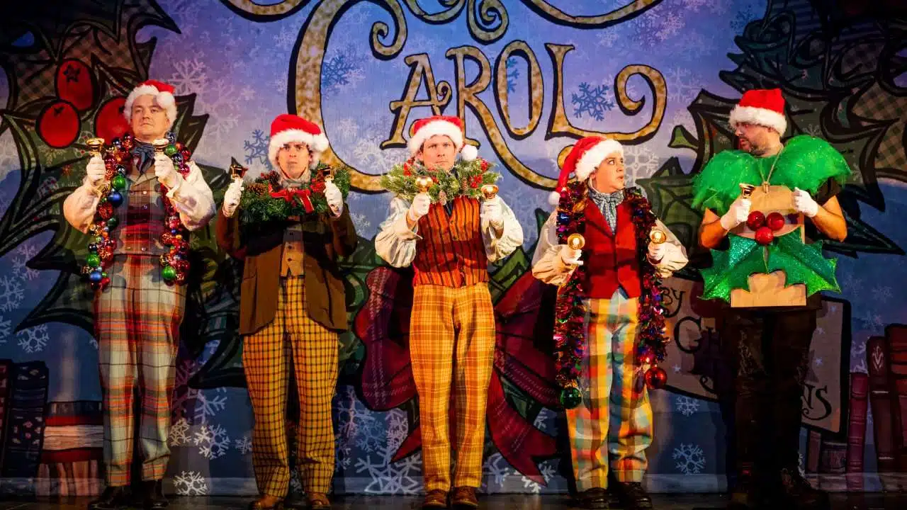 Five men on stage. Christmas Carol Goes Wrong. Photo by Mark Senior