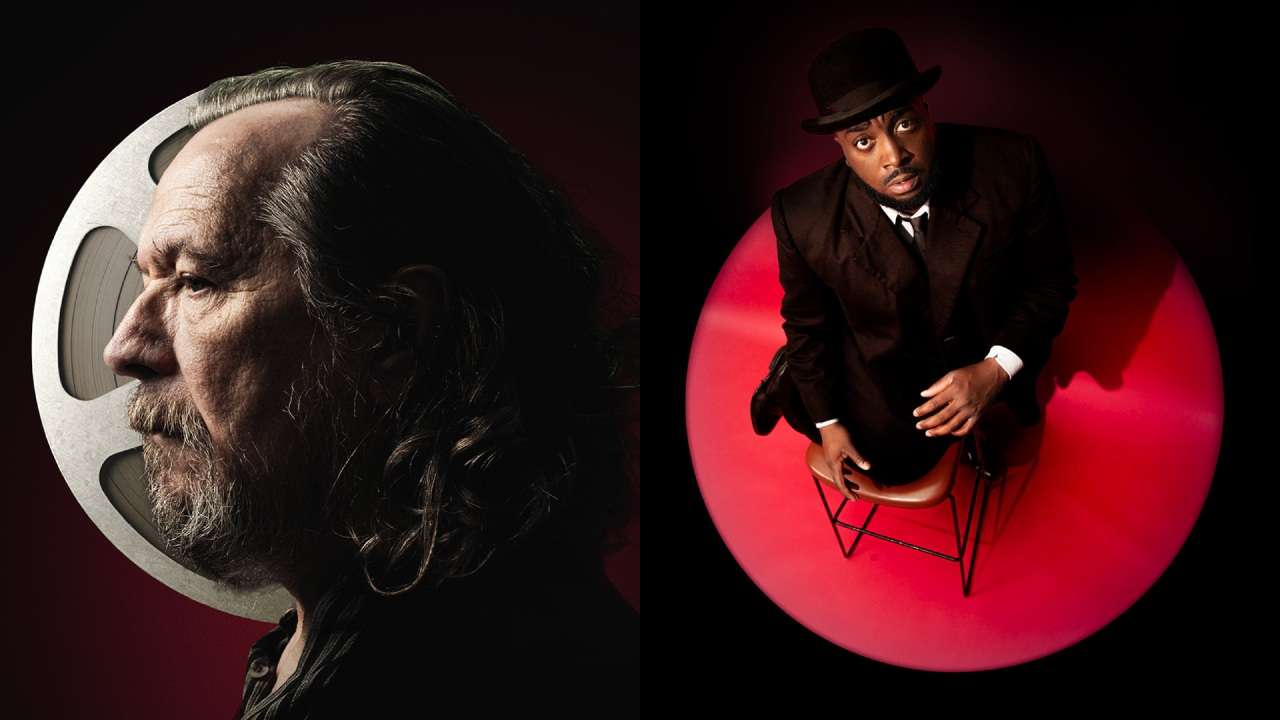 Two men's faces. Poster for Krapp's Last Tape and Godot's To-do List - Royal Court Theatre London