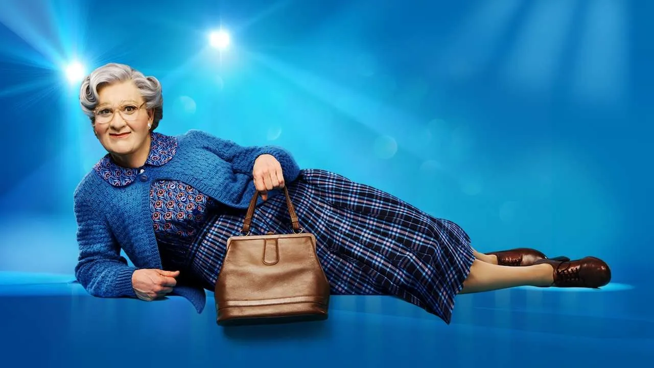 Mrs Doubtfire lying across a blue stage - UK & Ireland Tour poster