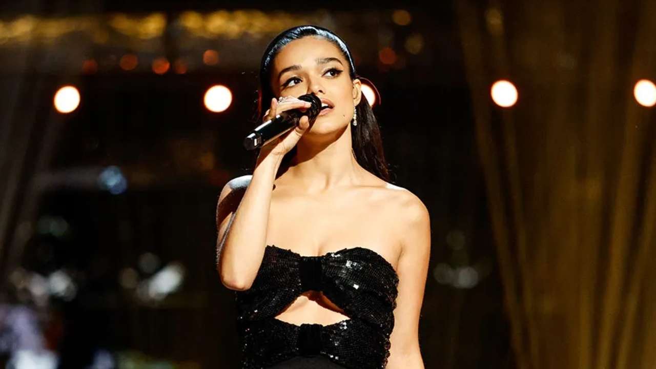Rachel Zegler performs a song from Evita on Strictly Come Dancing. Photo (c) BBC / Guy Levy