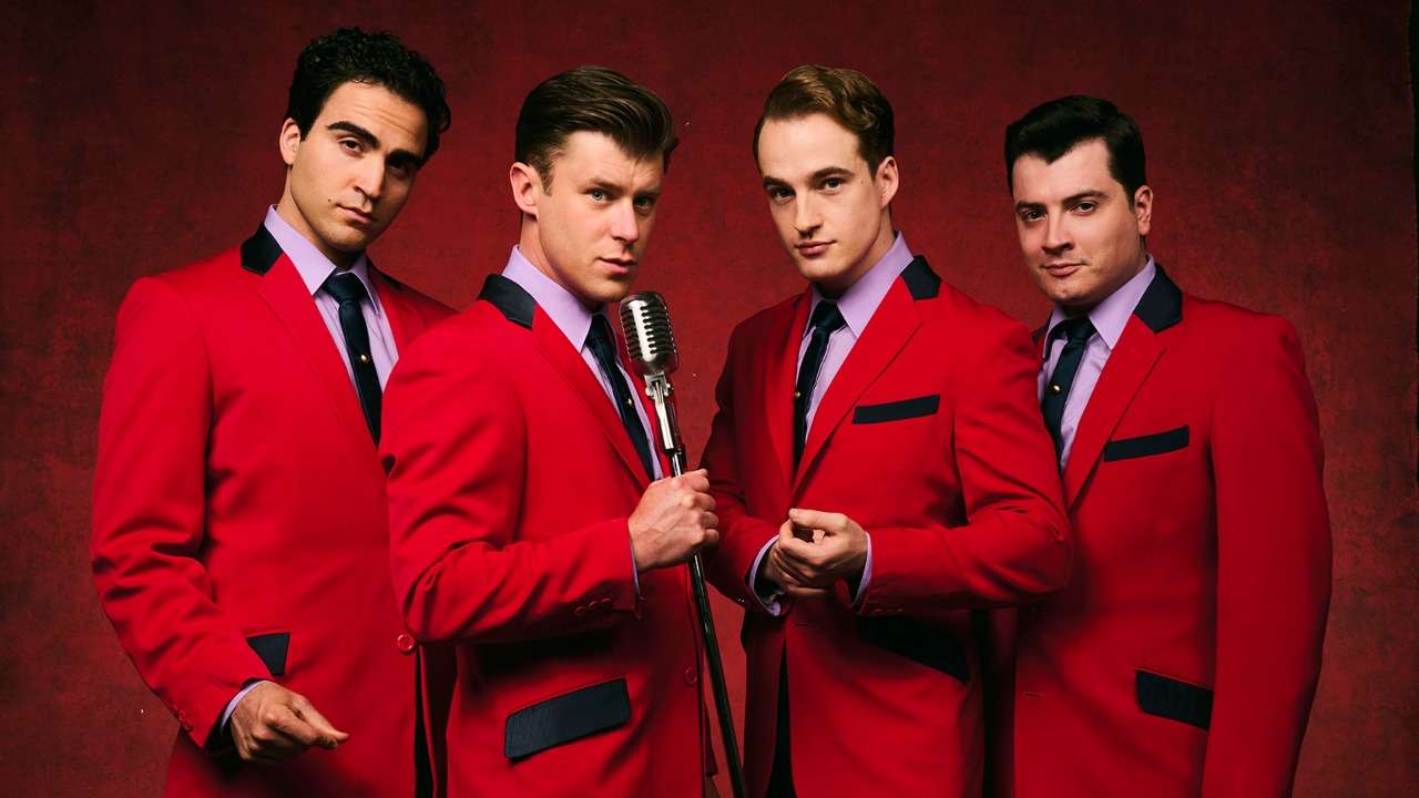 Jersey Boys UK Tour 2026-27. LtoR Carlo Boumouglbay as Tommy DeVito, Luke Baker as Frankie Valli, Toby Miles as Bob Guadio & Lewis Kennedy as Nick Massi. Photo Matt Crockett