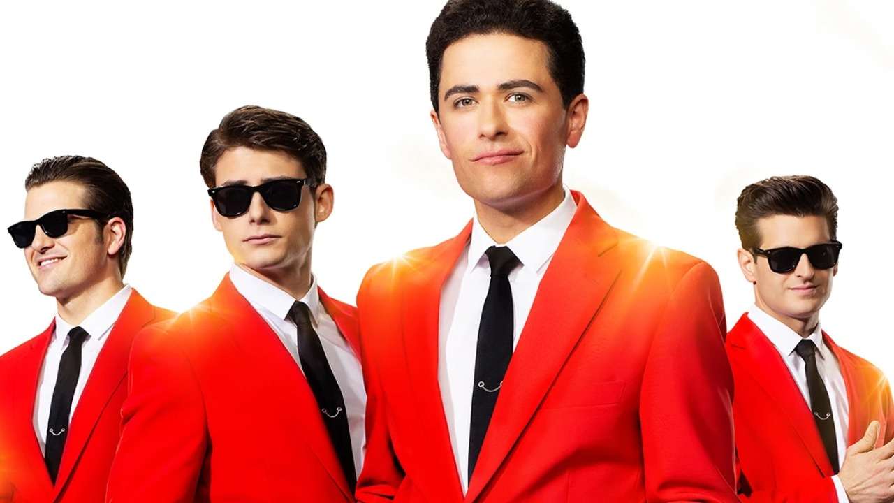 4 men in red coats. Jersey Boys - to tour the UK & Ireland in 2026 & 2027