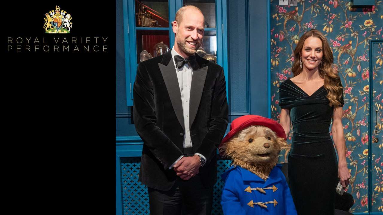 Two people and a puppet. Royal Variety Performance 2025 - The Prince and Princess of Wales with Paddington. Photo Jonathan Hordle for ITV