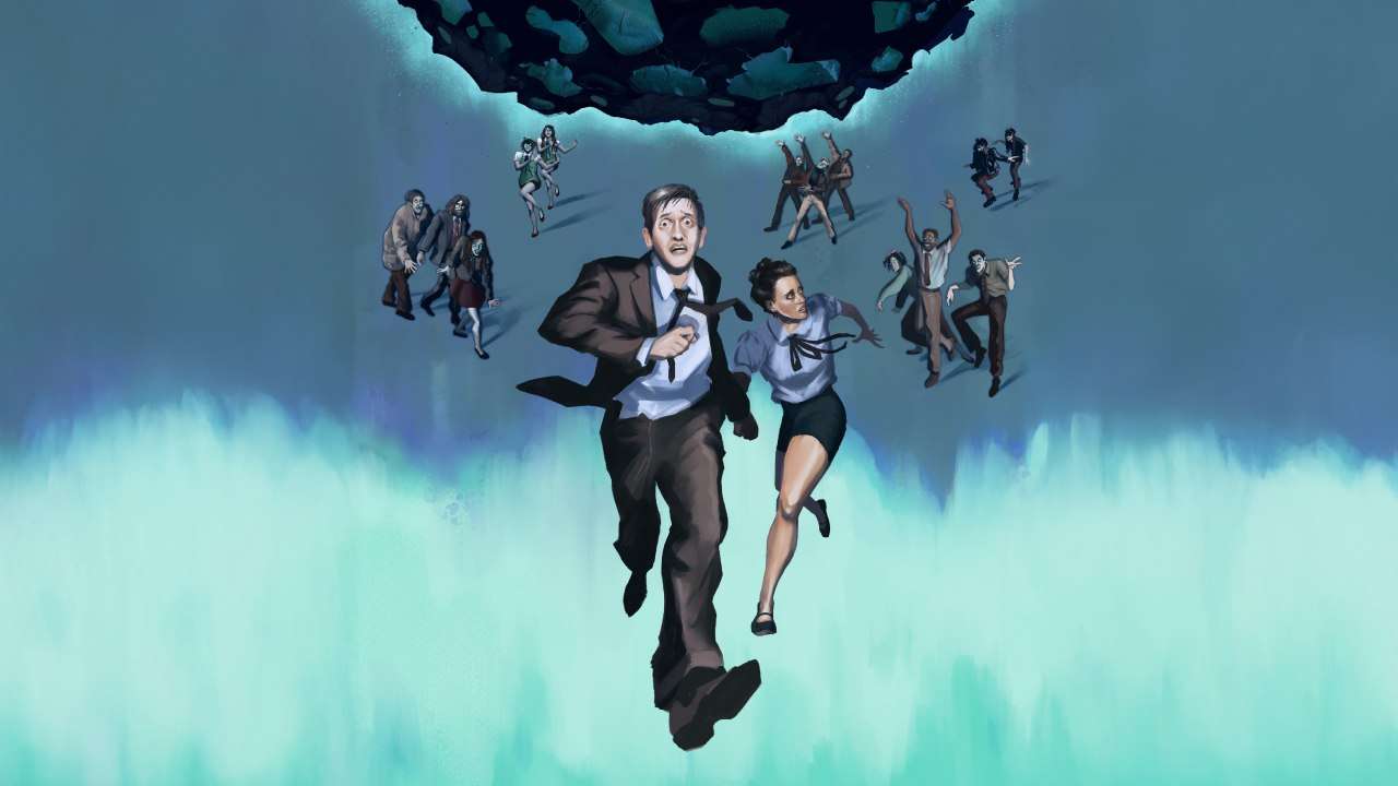 Cartoon image of man & woman running with zombie dancers chasing them