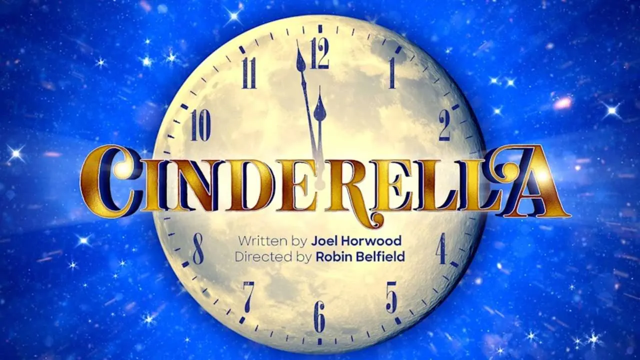 Cinderella movie poster with a large clock face behind the gold Cinderella title on a blue starry background.