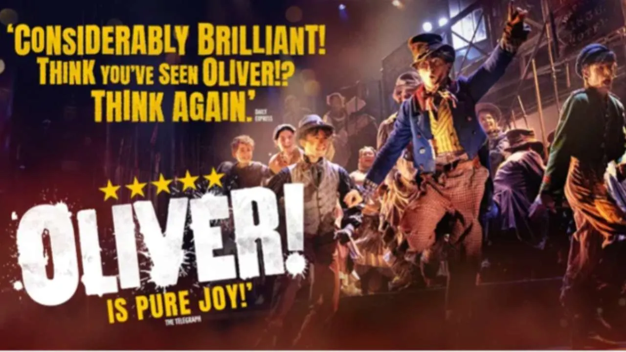 Oliver! five-star production artwork featuring the cast in Victorian costume, with review quotes calling it 'Considerably Brilliant' (Daily Express) and 'Pure Joy!' (The Telegraph)