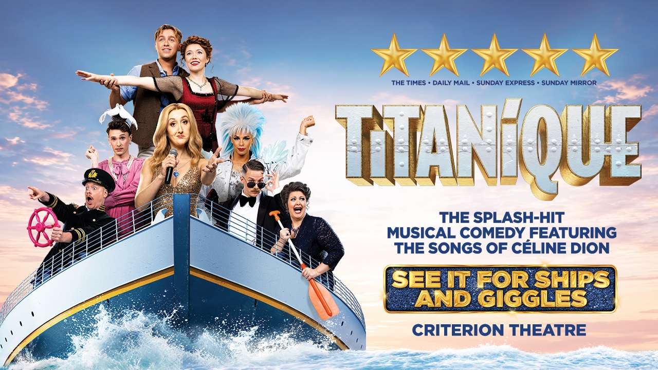 Promotional poster for Titaniqué: a cruise-ship deck with a colorful cast posing dramatically, five gold stars, and the bold TITANIQUE logo on the right.