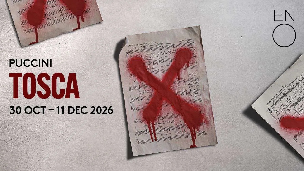 A promotional image for Tosca featuring sheet music with large red x's spraypainted across them.