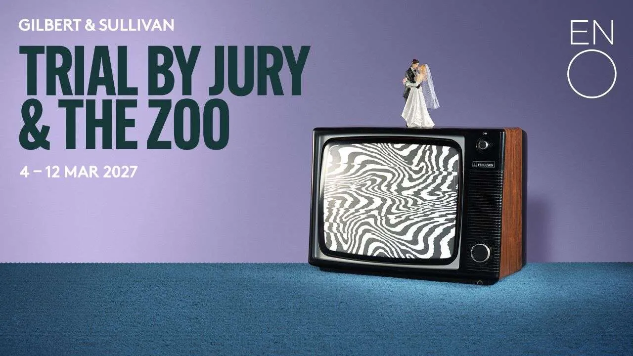 Poster advertising Gilbert & Sullivan's Trial by Jury & The Zoo, March 4–12, 2027, featuring a vintage TV with a zebra-pattern screen and a small couple figurine on top on a purple background.