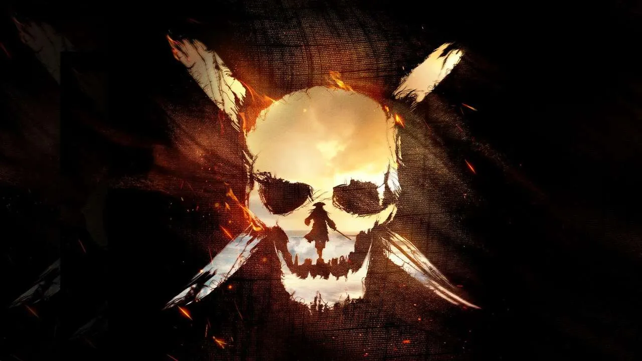 Fiery skull graphic with a solitary silhouetted figure standing in front of it.