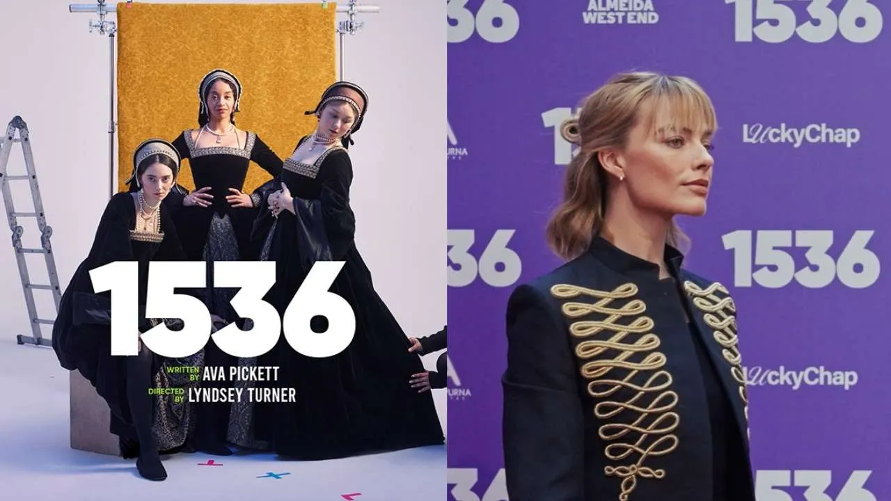 Split image: left shows three women in black 18th‑century gowns posing in front of a yellow backdrop with '1536' text; right shows a blonde woman in a gold-braided military jacket against a purple '1536' backdrop, likely a promo shot.
