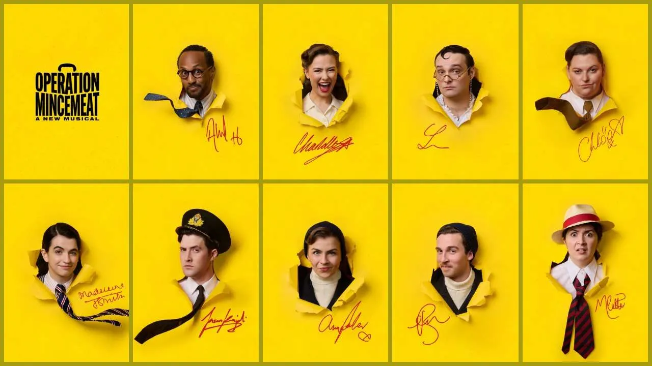 Promotional poster for Operation Mincemeat: ten actors’ heads peeking through torn yellow panels with red signatures.
