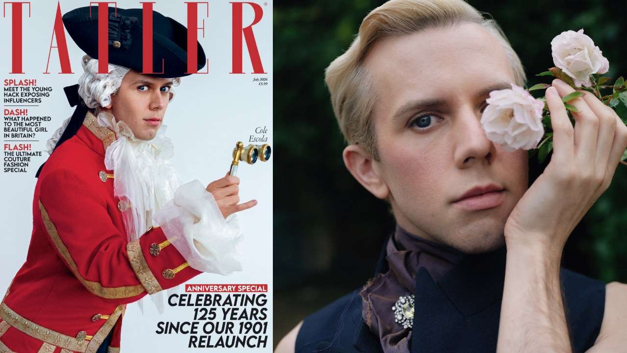 Split image: left shows a man in a red historical costume on a Tatler magazine cover; right shows a blond person holding pale pink roses near their face.