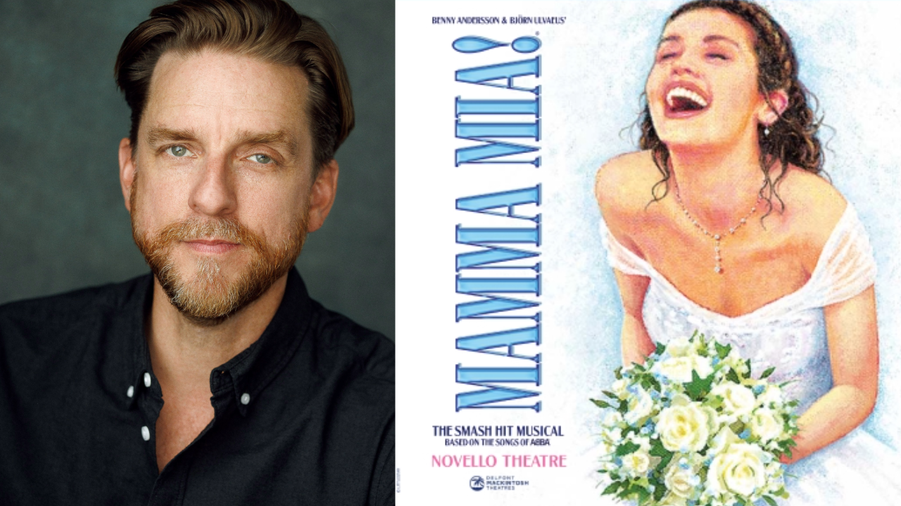Split image: left side shows a man with light brown hair and a beard in a black shirt; right side shows a Mamma Mia! musical poster with a laughing bride in a white dress holding a bouquet.