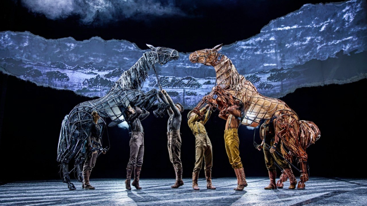 Felicity Donnelly, Lewis McBean, Matthew Lawrence, Alexandra Donnachie, Chris Milford and Andrew Keay in War Horse. Photo: Brinkhoff Moegenburg