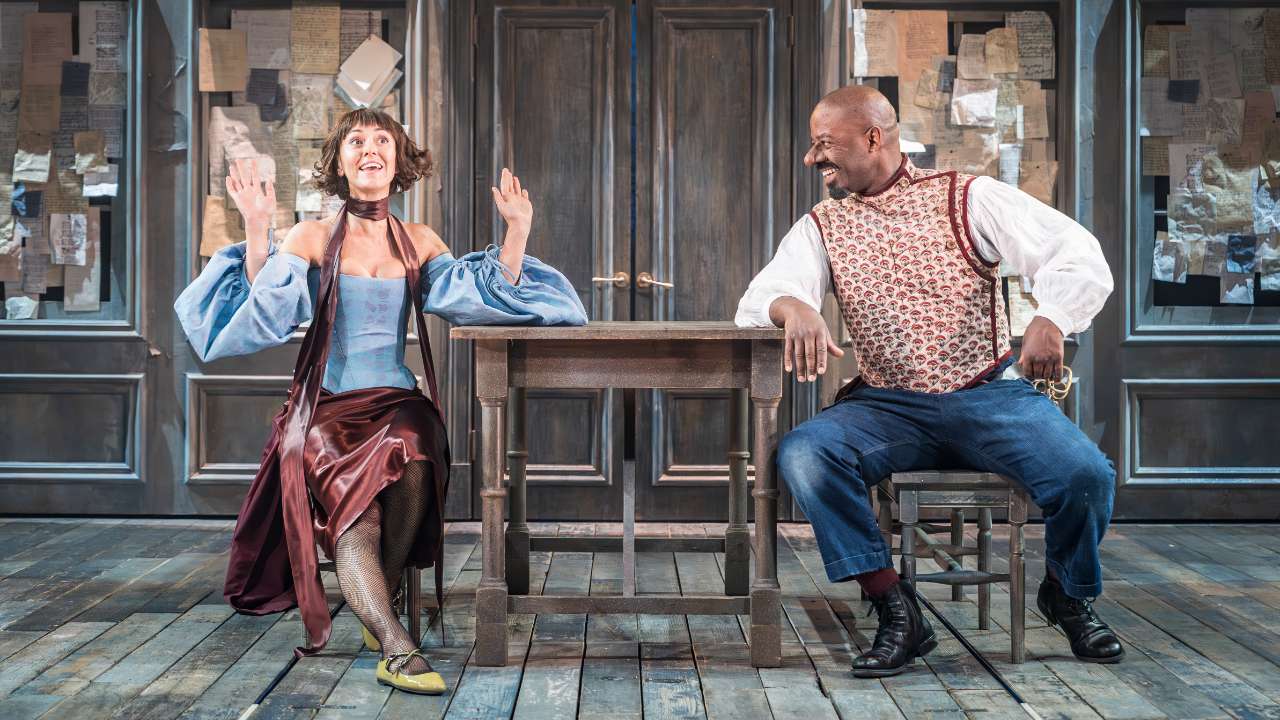 Susannah Fielding (Roxane) and Adrian Lester (Cyrano) in Cyrano de Bergerac (Royal Shakespeare Company) at the Noël Coward Theatre. Photo: © Marc Brenner.
