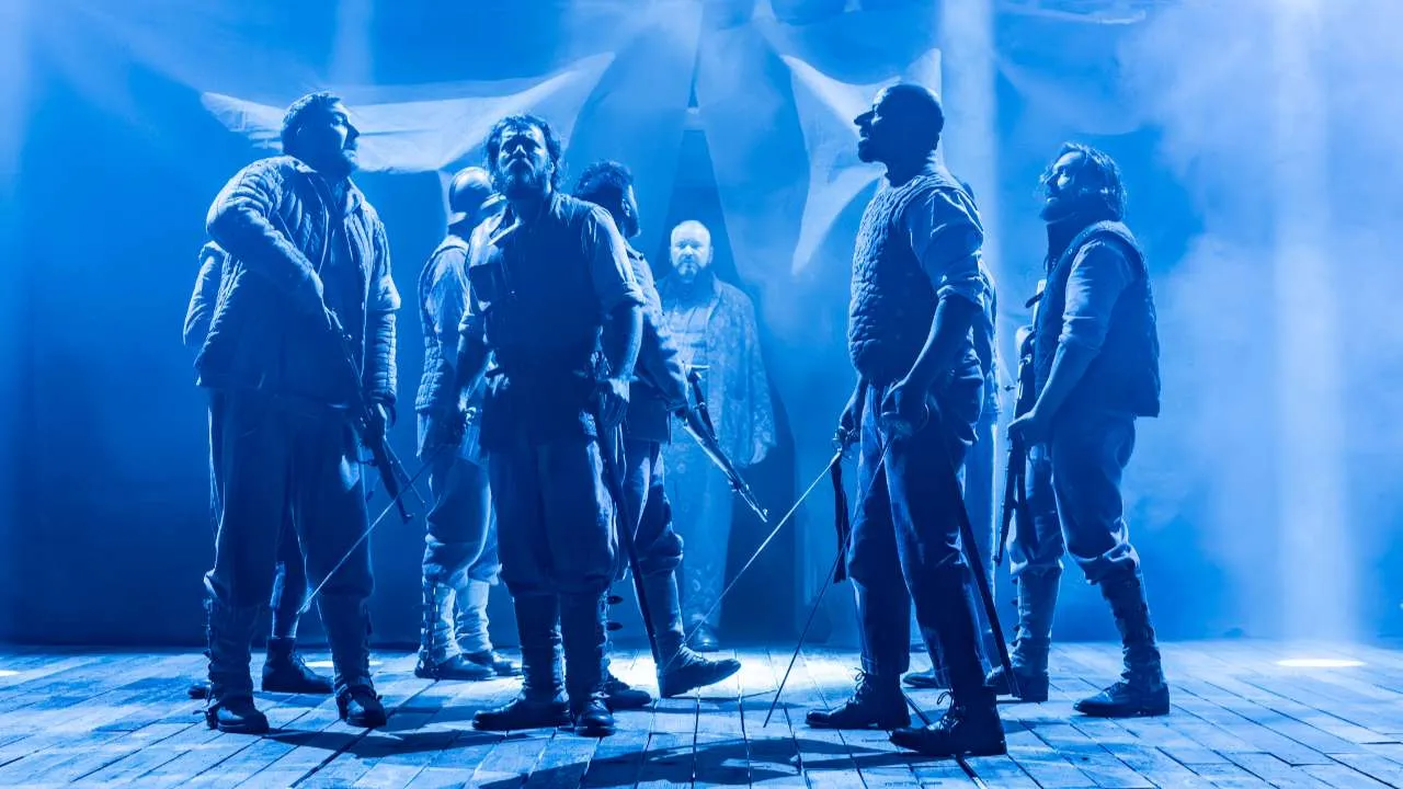 Robert Jackson (Arnauld), Philip Cumbus (Le Bret), Christian Patterson (Ragueneau), Adrian Lester (Cyrano), Matt Mordak (Valvert / Pierre) in Cyrano de Bergerac (Royal Shakespeare Company) at the Noël Coward Theatre. Photo: © Marc Brenner.