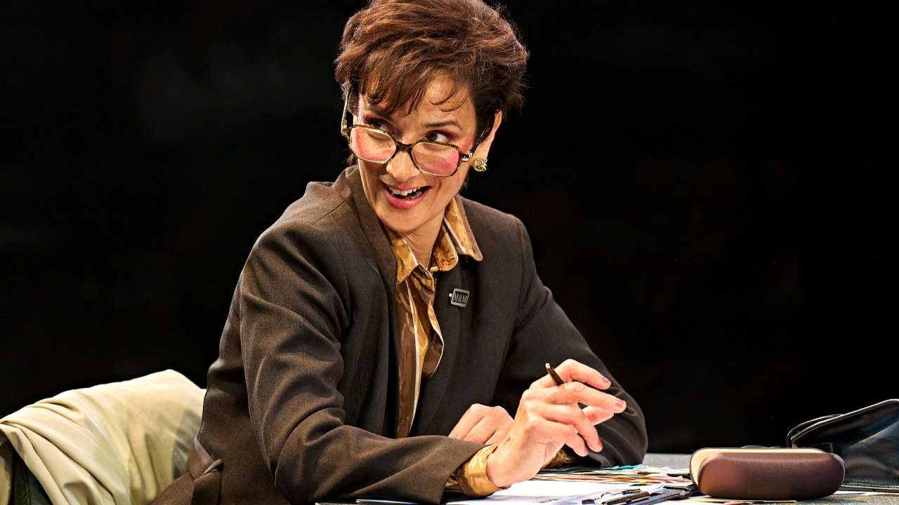 Indira Varma (Levene) in Glengarry Glen Ross at The Old Vic (2026). Photo by Manuel Harlan