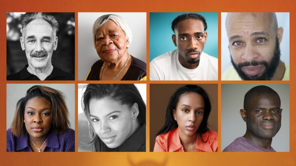 Ten headshots of a diverse group arranged in a grid on an orange background, showing men and women of varied ages and backgrounds.