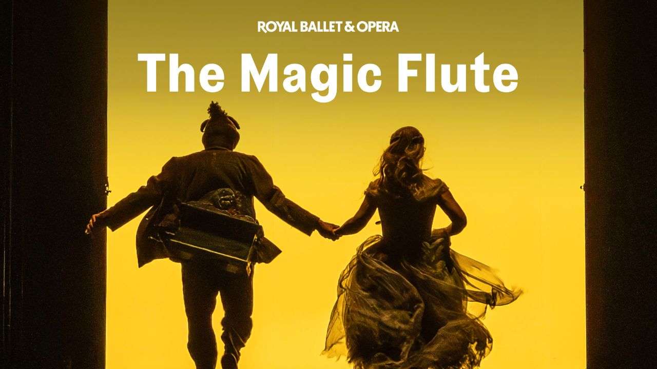 Poster for The Magic Flute by Royal Ballet & Opera, showing two dancers holding hands in silhouette against a yellow gradient background.
