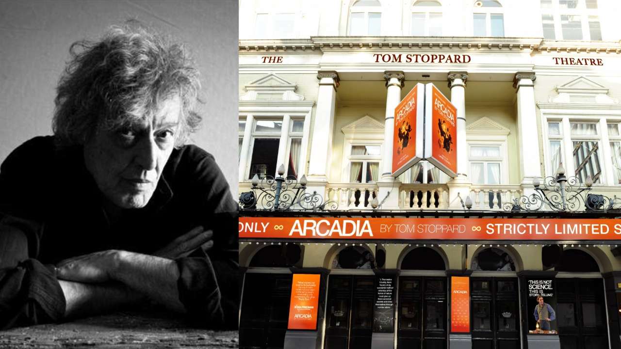 Playwright Tom Stoppard. Photo by Matthew Humphrey / Mock up of Duke of York's Theatre with new name