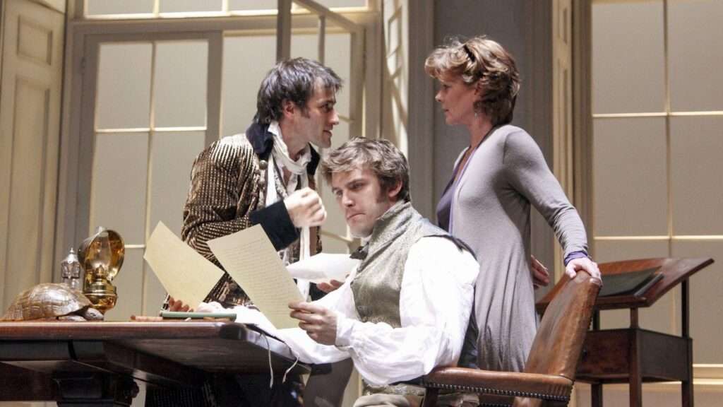 Ed Stoppard (Valentine Coverly), Dan Stevens (Septimus Hodge), Samantha Bond (Hannah Jarvis) in ARCADIA by Tom Stoppard at the Duke of York's Theatre, London. Photo: Donald Cooper/Alamy
