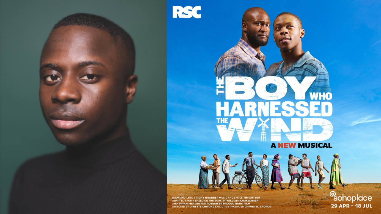 Split image: left portrait of a young Black man in a dark turtleneck; right poster reads 'The Boy Who Harnessed the Wind'—A New Musical, with a blue sky and a group of people.