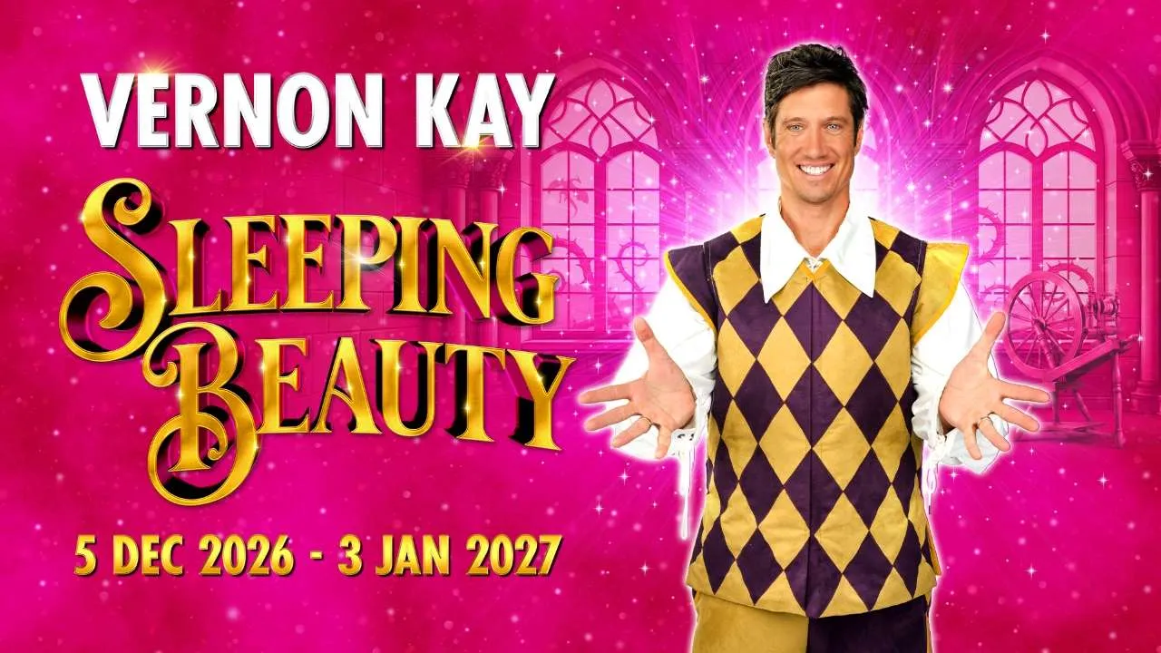 Vernon Kay's Sleeping Beauty show poster with a man in a gold‑purple argyle vest against a pink magical background and dates 5 Dec 2026–3 Jan 2027.