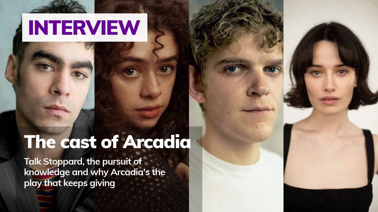 Magazine cover with four actors; 'INTERVIEW' banner and the headline 'The cast of Arcadia' with subheading about Talk Stoppard and Arcadia's themes.