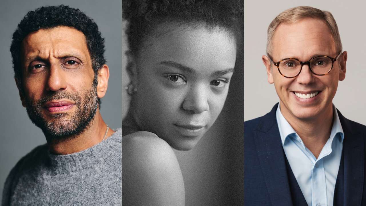 Triptych of three portraits: a bearded man in a gray sweater on the left, a grayscale portrait of a young woman in the center, and a smiling man in a suit with glasses on the right.