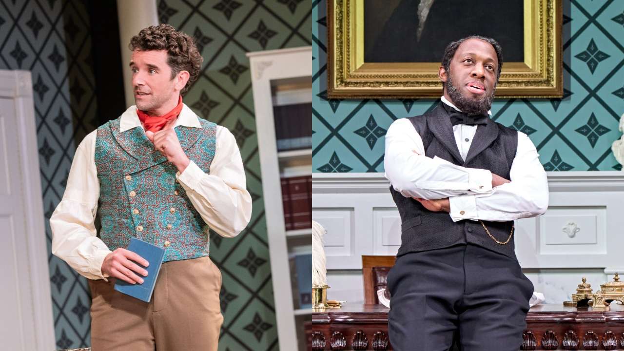 Michael Urie in Oh, Mary! on Broadway. Photo by Evan Zimmerman for MurphyMade / Giles Terera in Oh, Mary! in the West End. Photo by Manuel Harlan