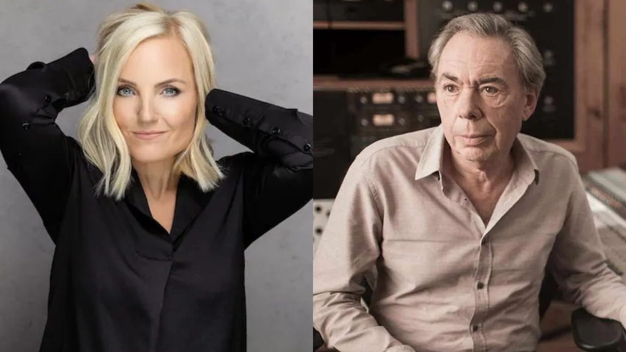 Side-by-side portraits: a smiling blonde woman in a black blouse on the left, and an older man in a beige shirt in a studio on the right.