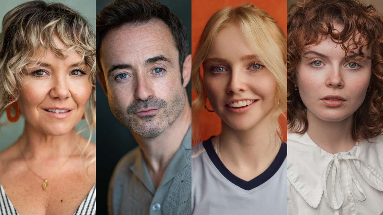 Collage of four head-and-shoulders portraits:: woman with blonde curly hair, man with dark hair, smiling blonde woman, and young woman with red curls.