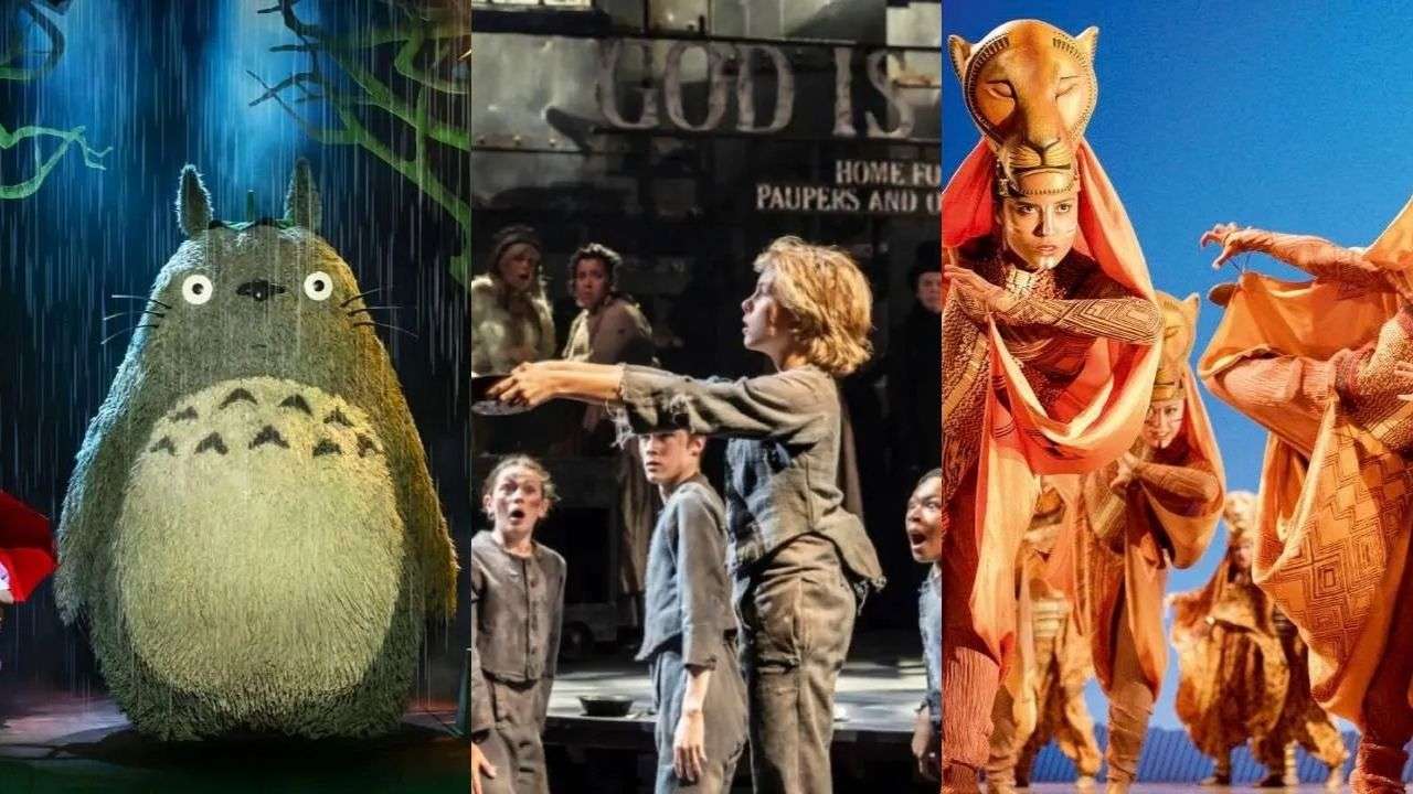 Family theatre productions: My Neighbour Totoro’s forest spirit character, a stage scene with children and adult performers, and The Lion King’s iconic lion puppet with flowing fabric.