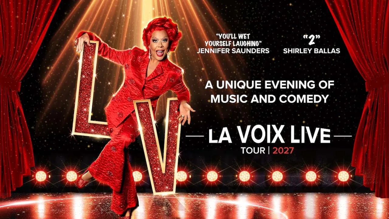 Promotional poster for La Voix Live Tour 2027 featuring a drag queen in a red sequined outfit on stage with oversized glittery LV letters.